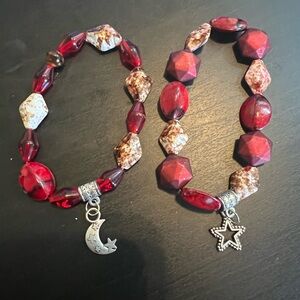 Red and Brown Beaded Bracelet Set with Charms